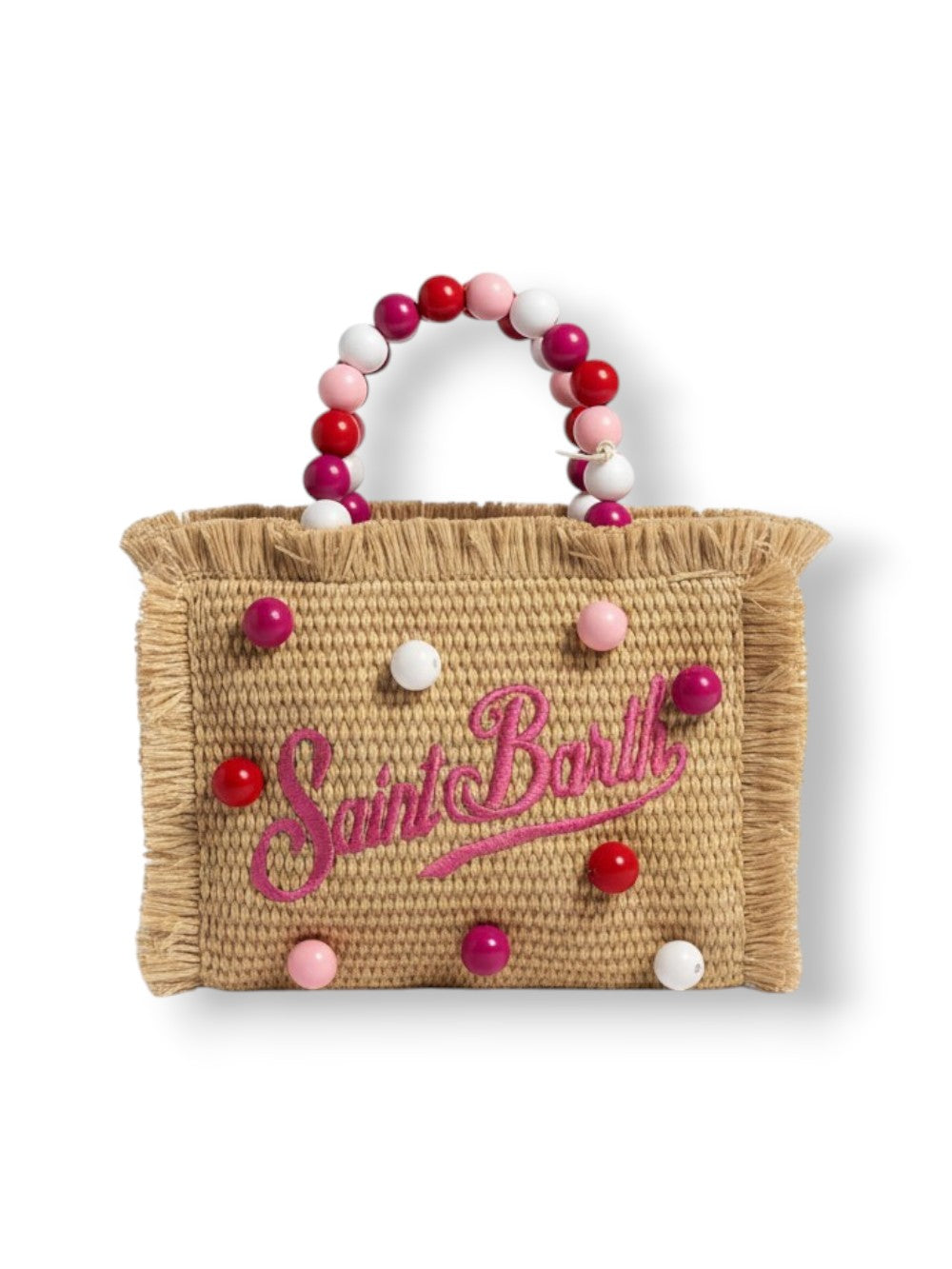 Rectangular Woven Tote With Fringed Edges And Colorful Bead Accents