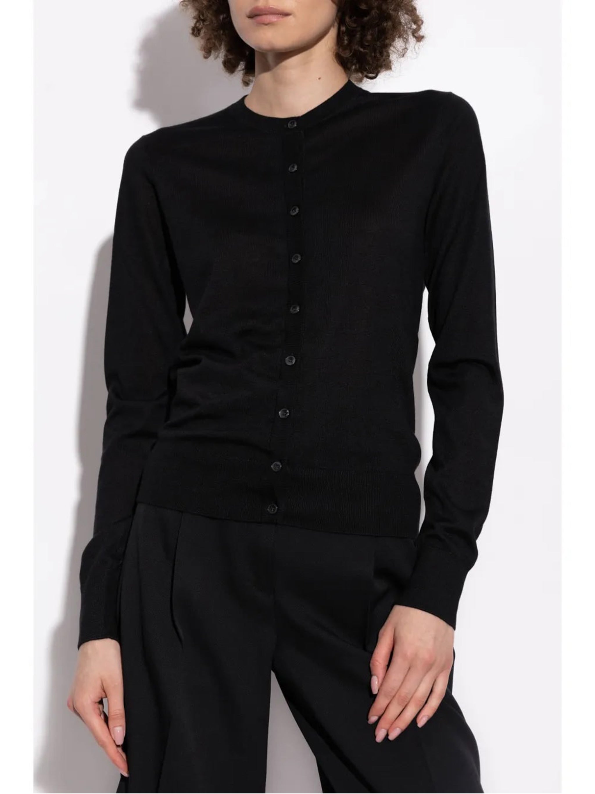 Black Cashmere Fitted Round Neck Cardigan