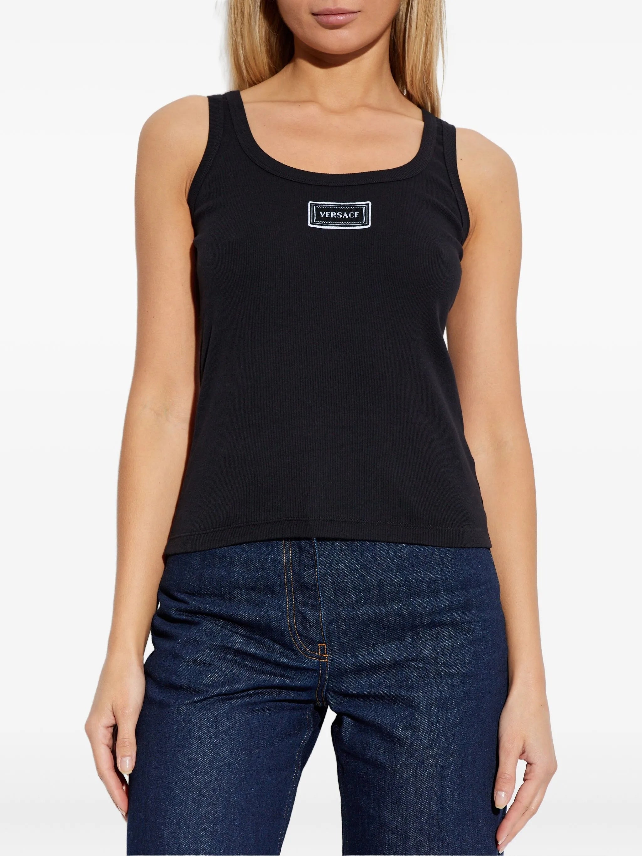 Black Fitted Text Patch Cotton Top