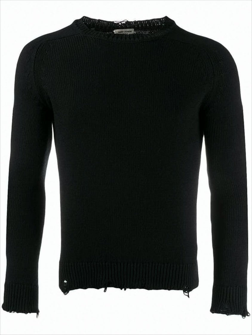 Distressed Black Knit Sweater with Crew Neckline