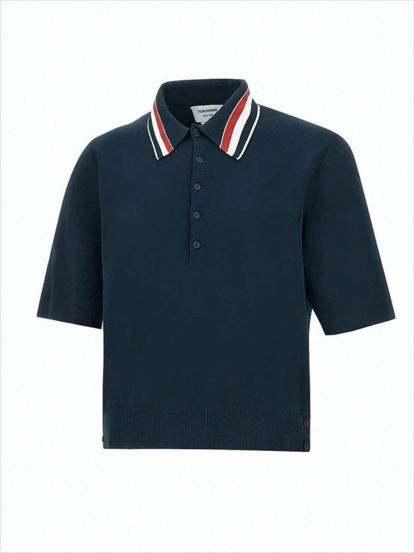 Navy Polo Shirt with Striped Collar and Side Button Details