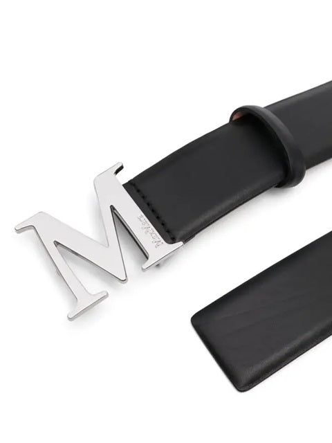 Smooth Black Leather Belt with Polished Silver Letter 'M' Buckle