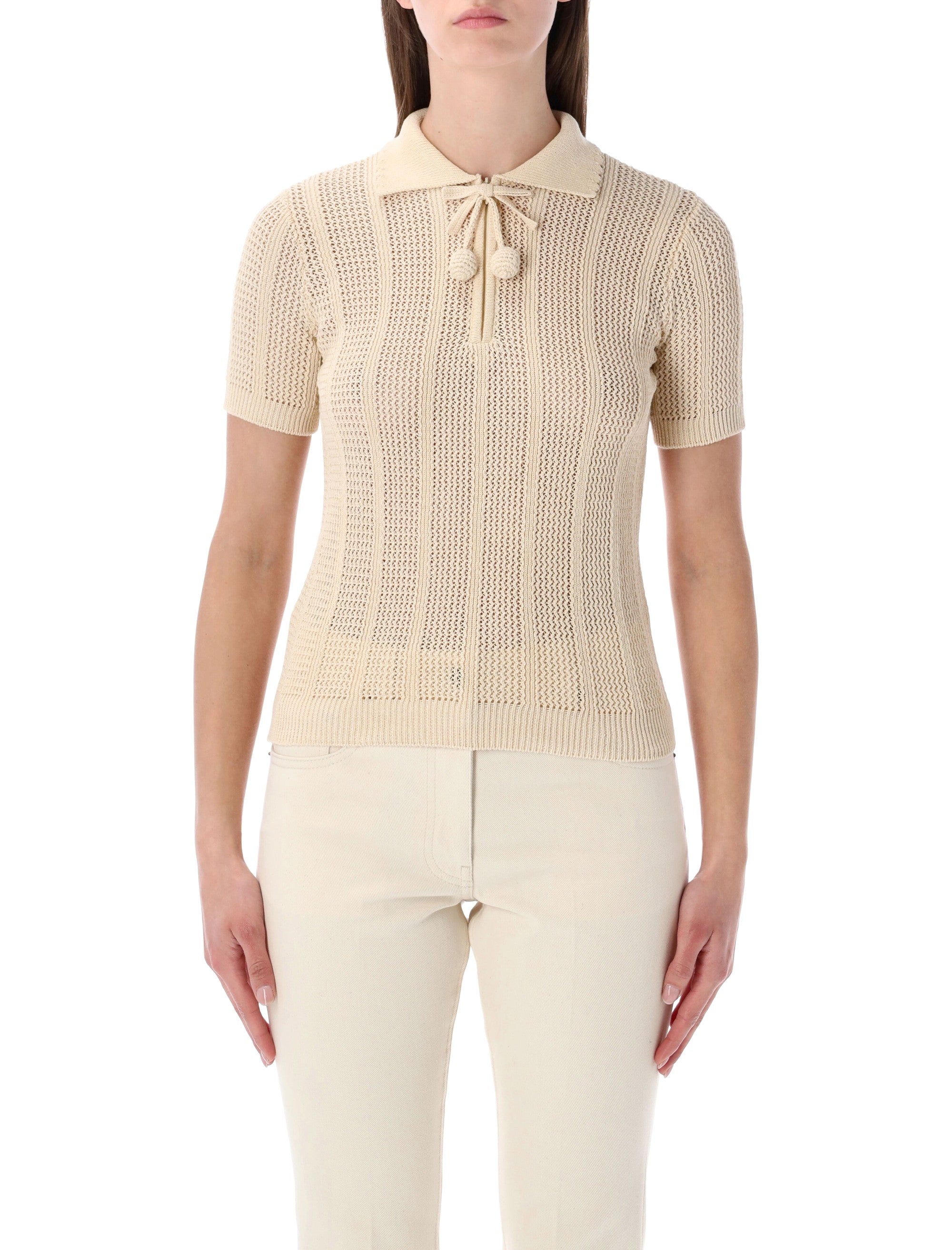 Open-Knit Polo Shirt with Zip Closure and Decorative Cherry Details