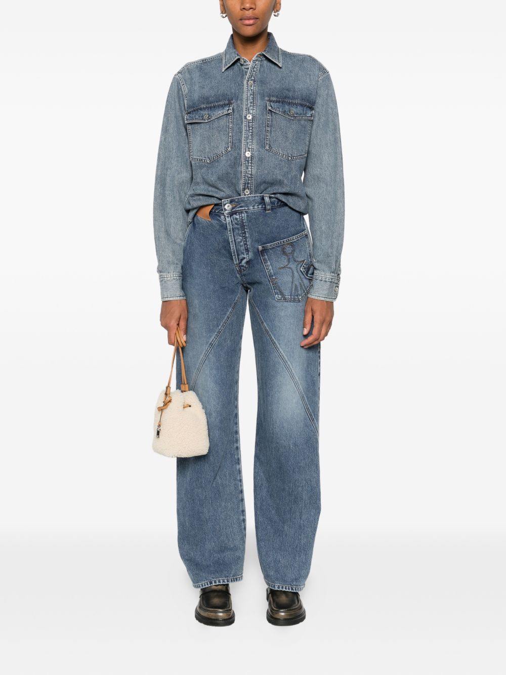Wide-Leg Denim Jeans With Diagonal Seam Detailing