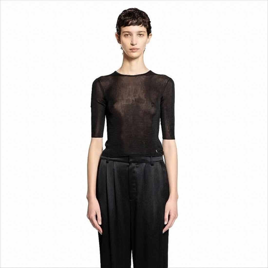 Fitted Semi-Sheer Black Knit Top