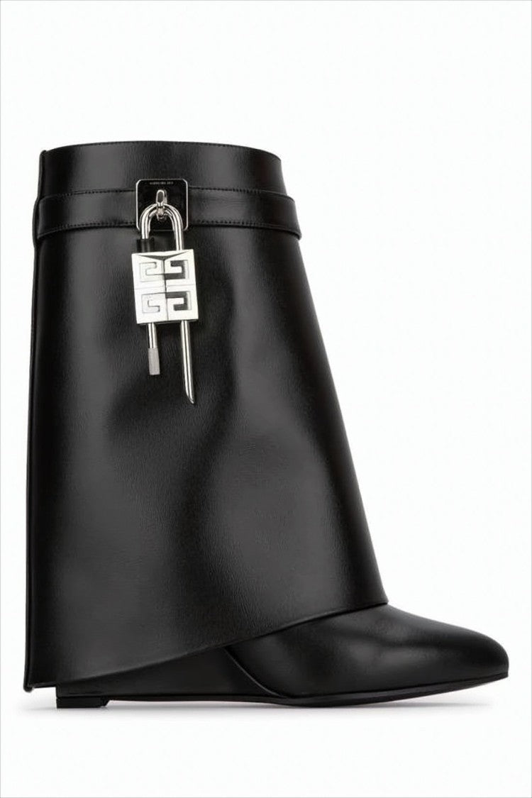 Flared Black Leather Boots with Silver-tone Padlock Detail