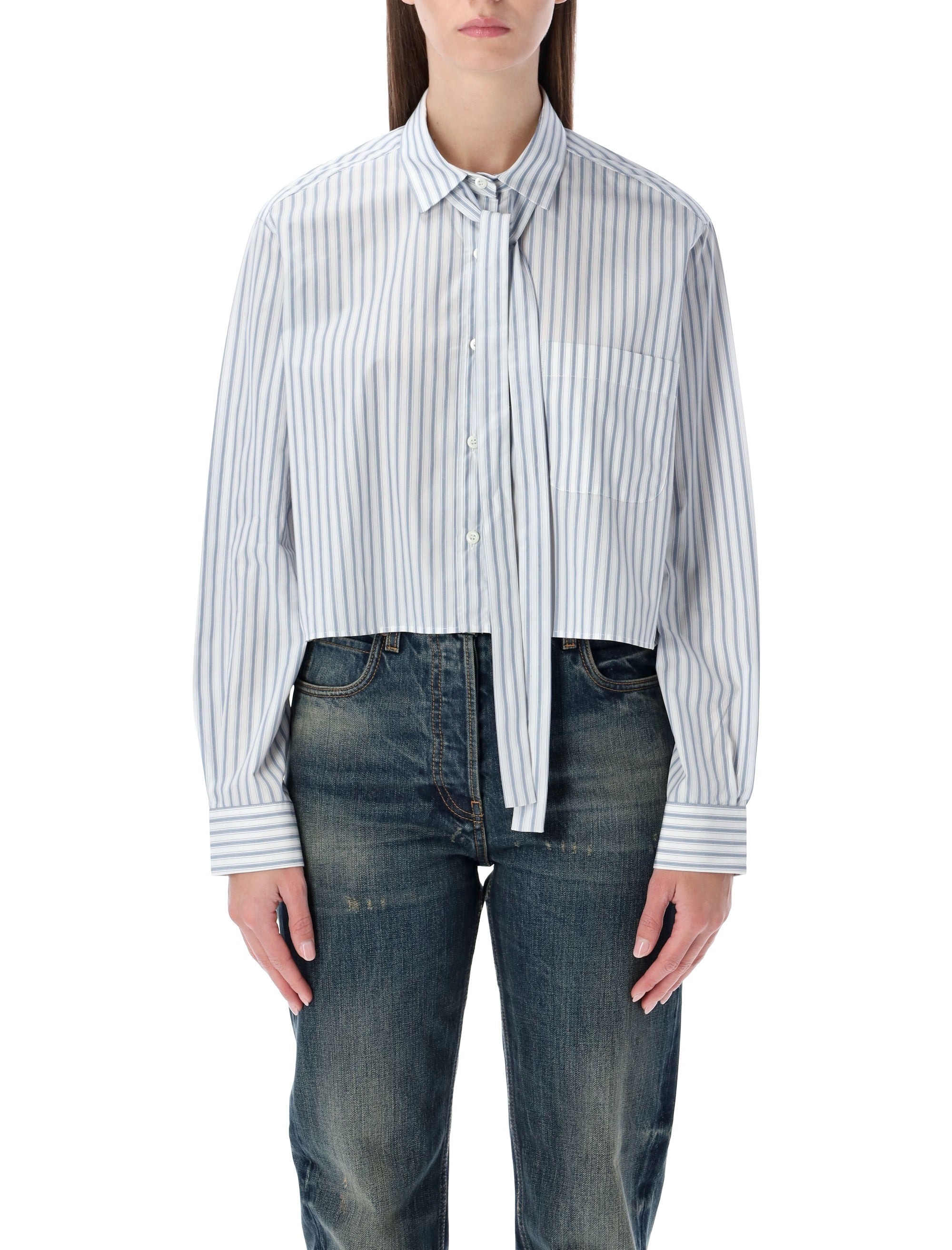 Striped Poplin Short Shirt With Scarf Collar