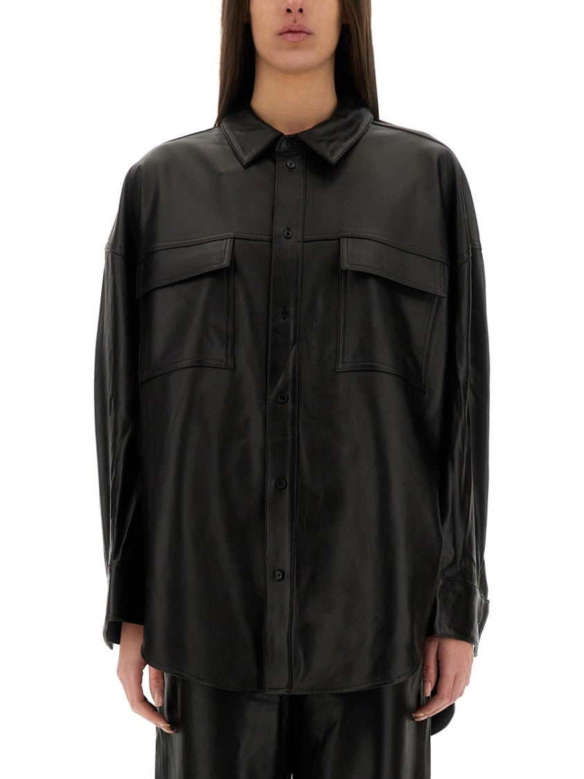 Button-Up Oversized Black Lamb Leather Jacket