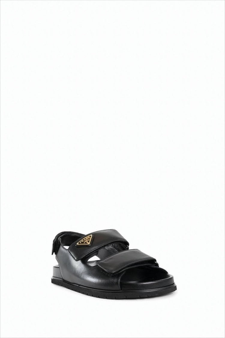 Black Leather Sandals With Adjustable Straps And Metal Logo