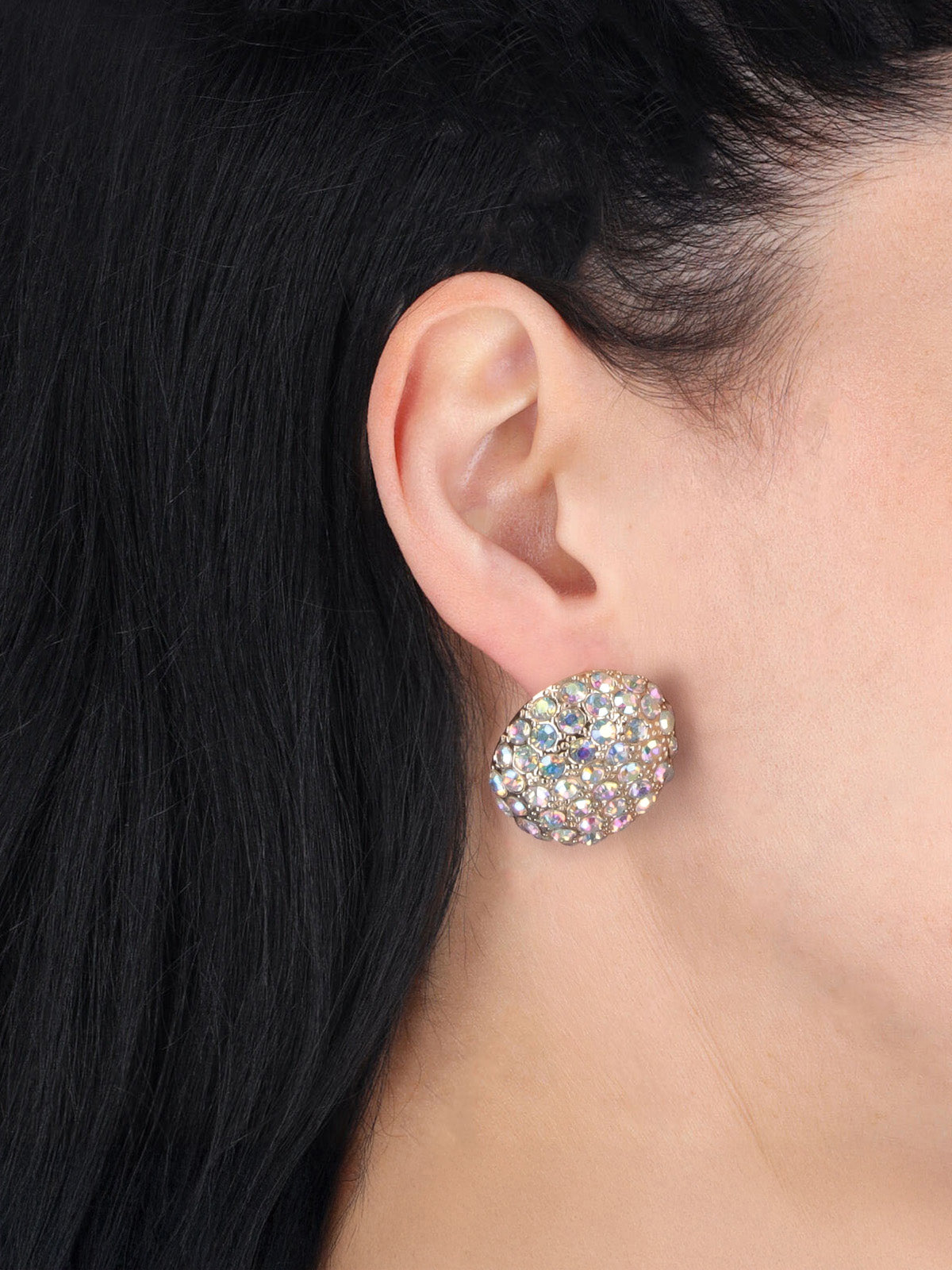 Multicolor Crystal-Embellished Oval Earrings with Retro Closure