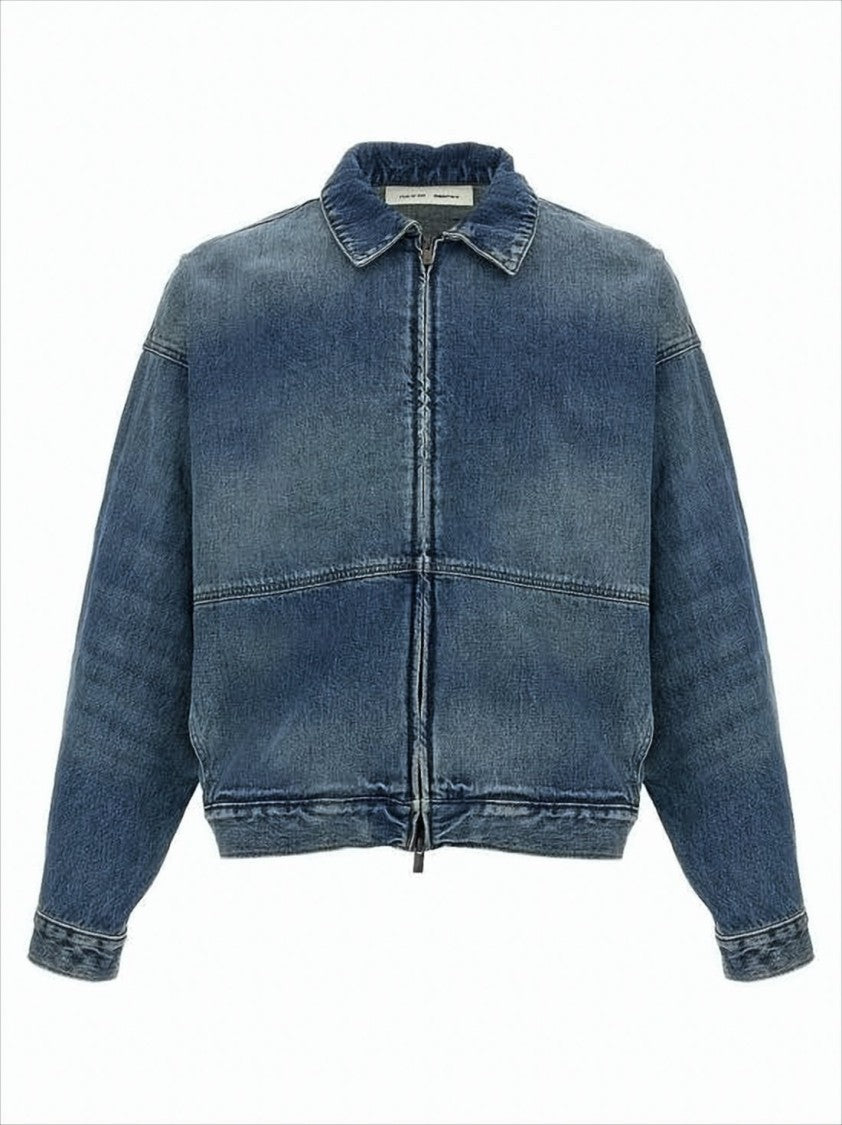 Medium Blue Wash Denim Jacket With Cropped Fit And Whiskering Details
