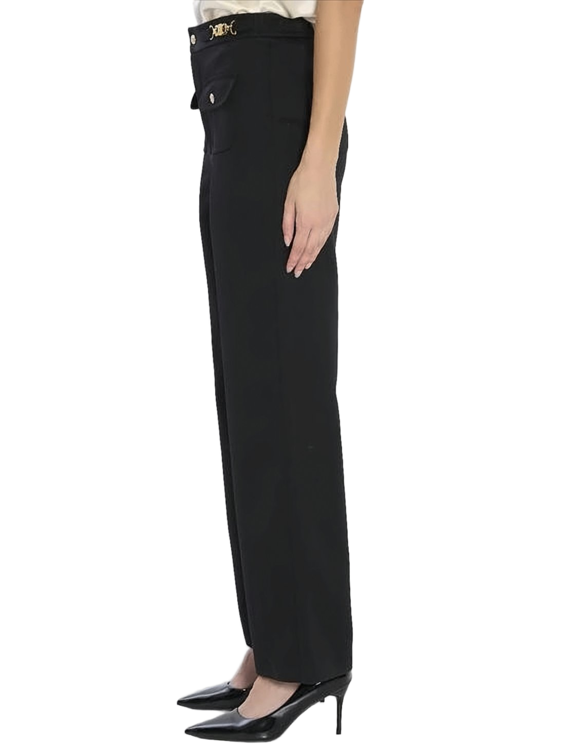 High-Waisted Tailored Suit Pants with Decorative Gold Buttons