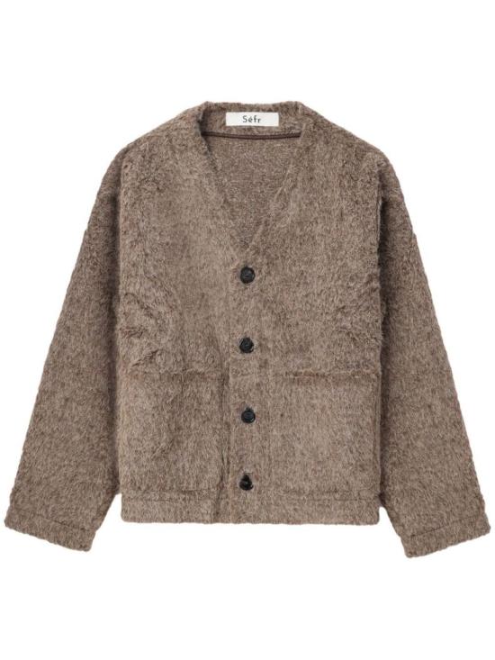 Textured Brown Cardigan With V-Neckline And Button-Down Front