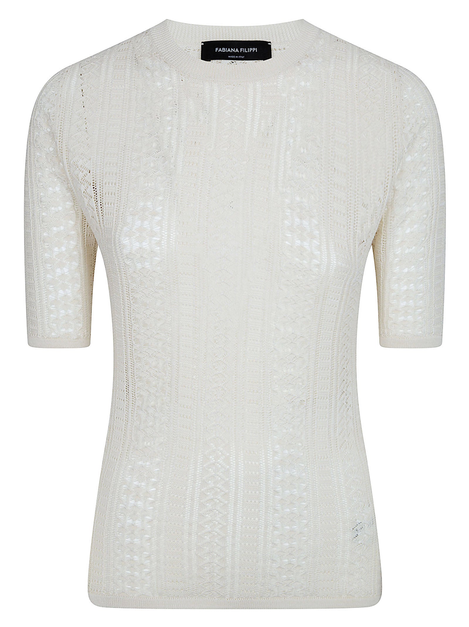 Openwork Knit Top with Round Neckline and Short Sleeves