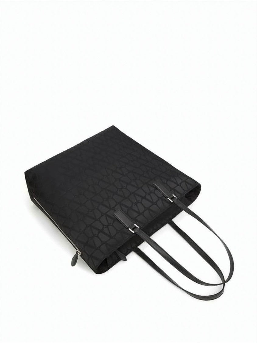 Structured Black Tote Bag with Embossed Logo Motif