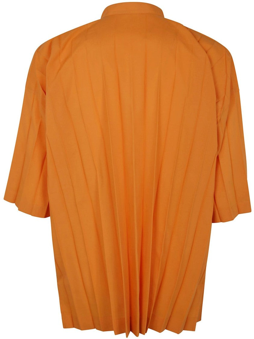 Pleated Short-Sleeved Mandarin Collar Shirt