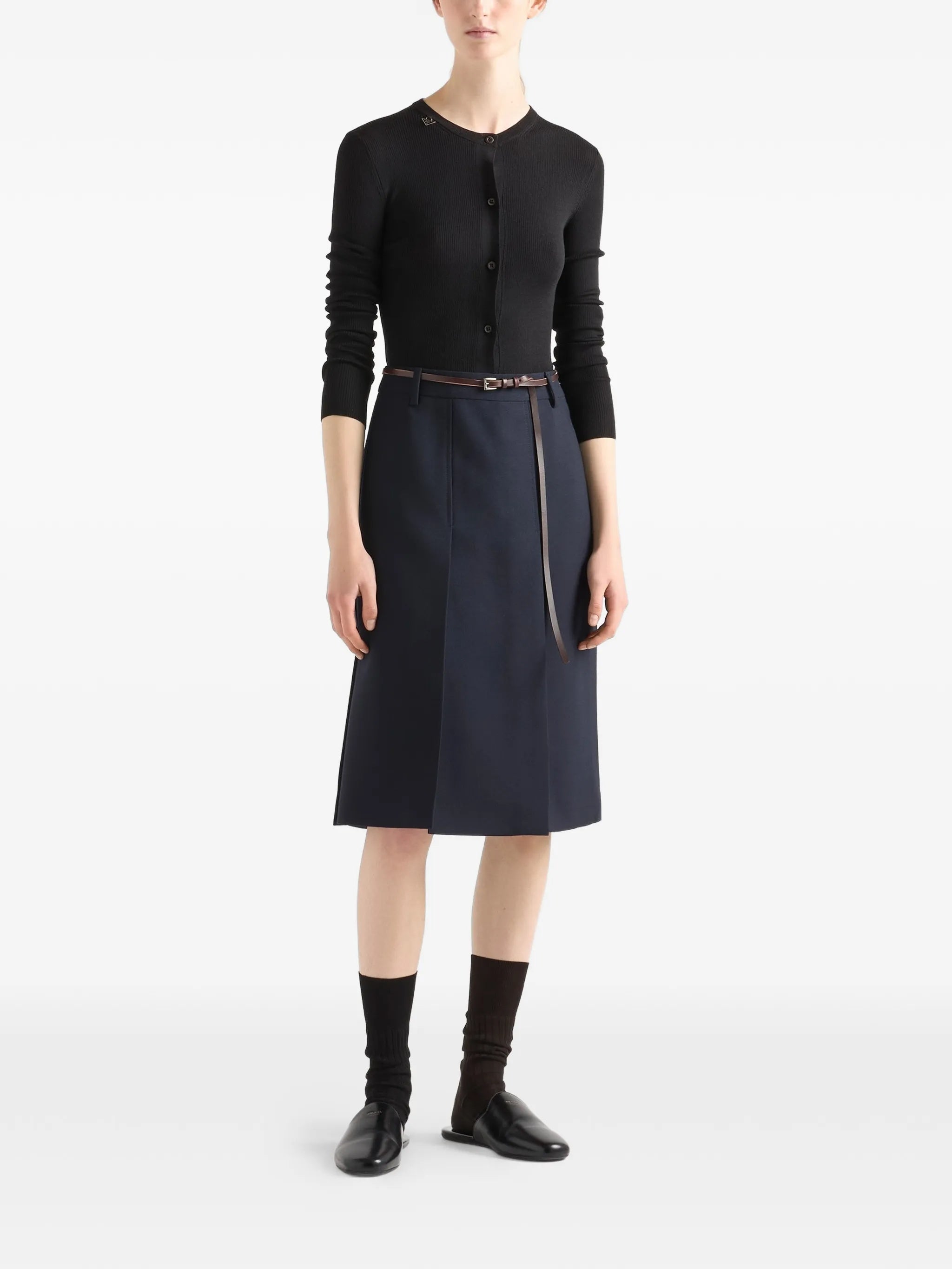 Black Superfine Wool Ribbed Cardigan