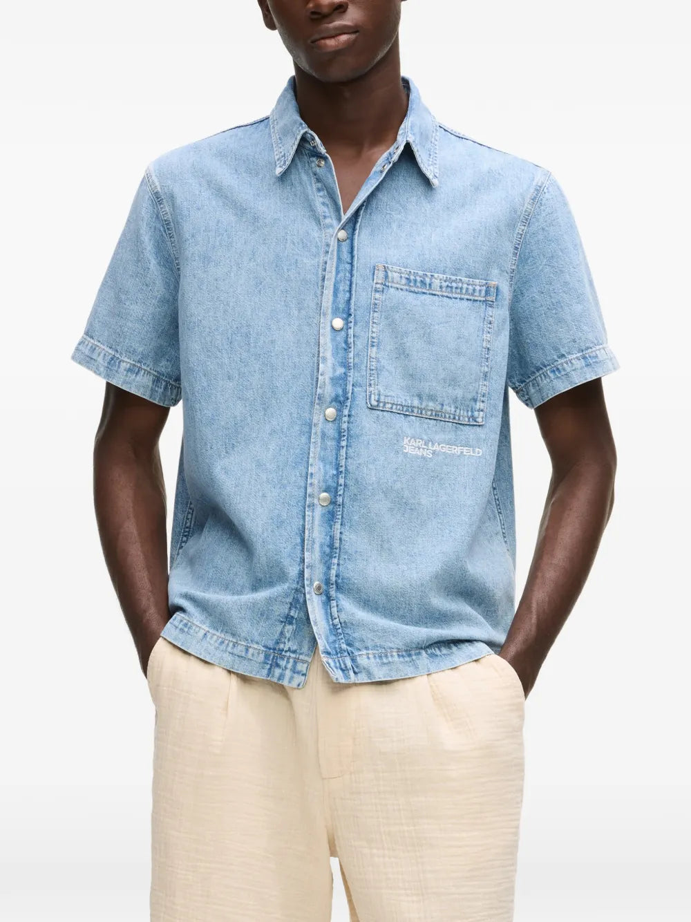 Light Blue Denim Short-Sleeve Shirt with Classic Collar