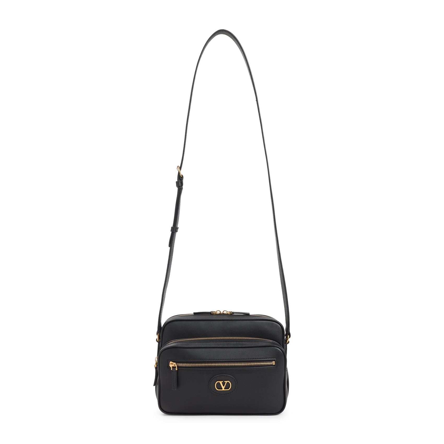 Rectangular Black Leather Crossbody Bag With Gold Accents