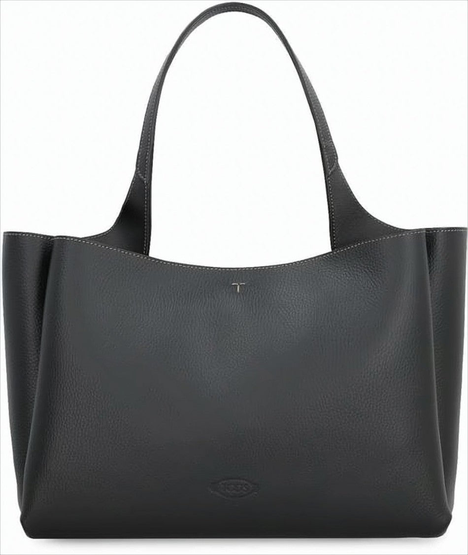 Black Leather Shoulder Bag with Metallic Accent