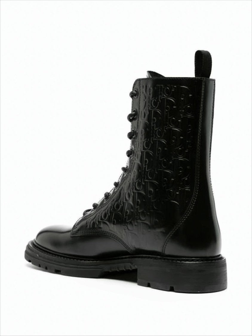 Black Leather Lace-Up Boots With Embossed Detailing
