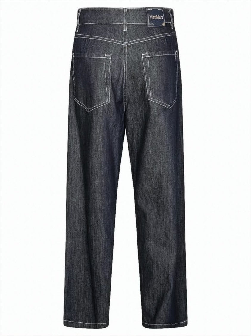 Wide-Leg Cropped Denim Pants with High Waist and Contrast Stitching