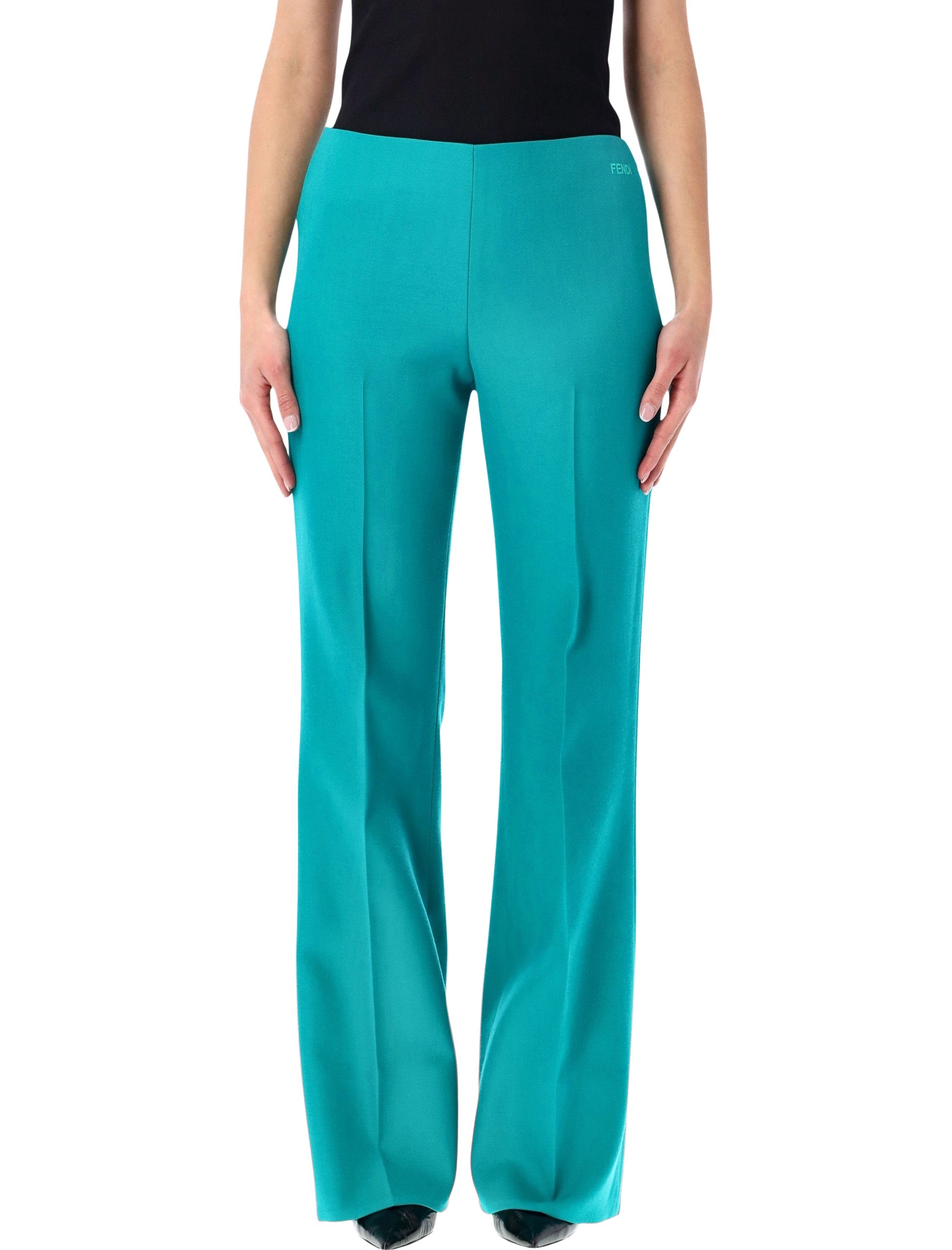 Turquoise Wool Flared Trousers with Tailored Design