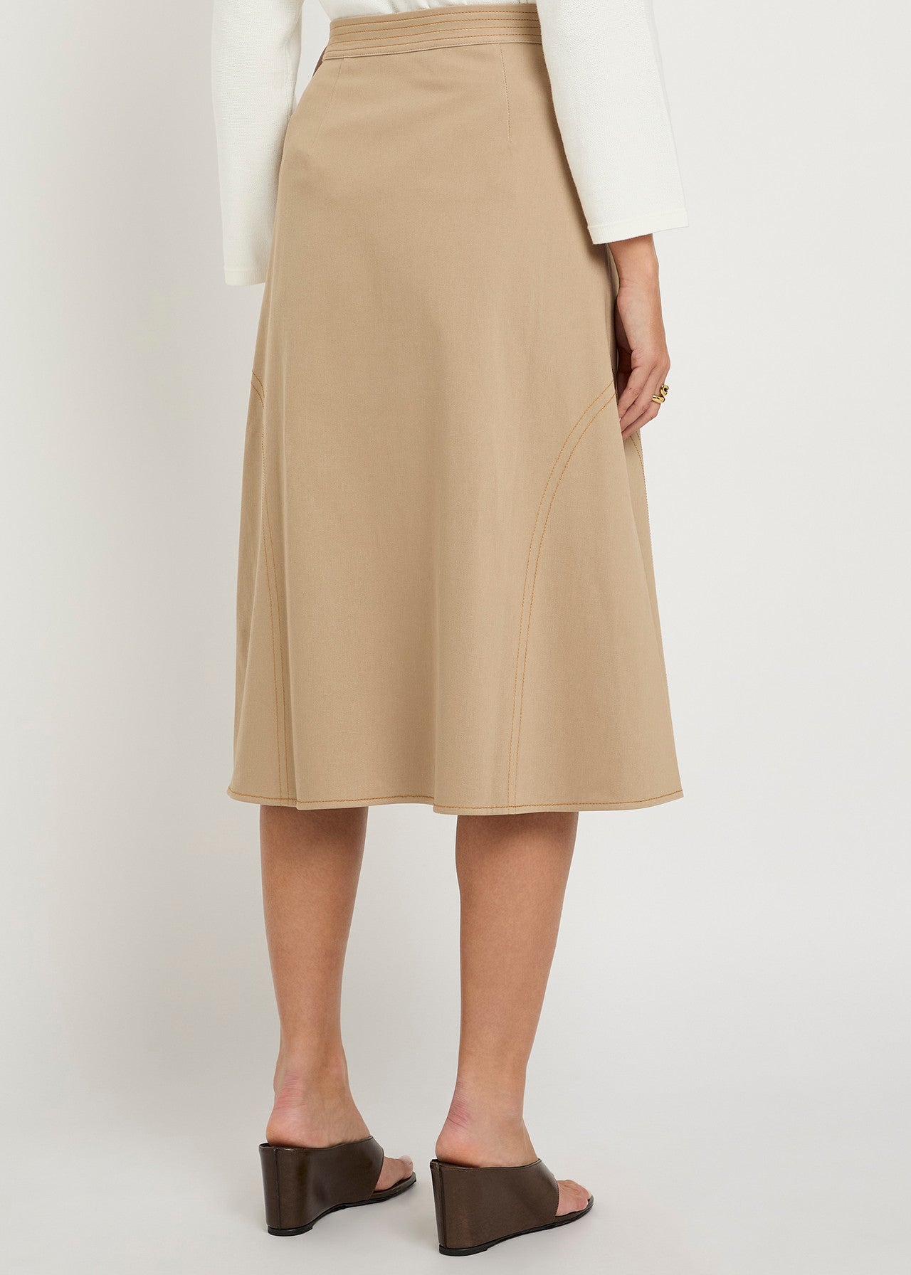 Knee-Length A-Line Skirt with Stitched Belt Tie