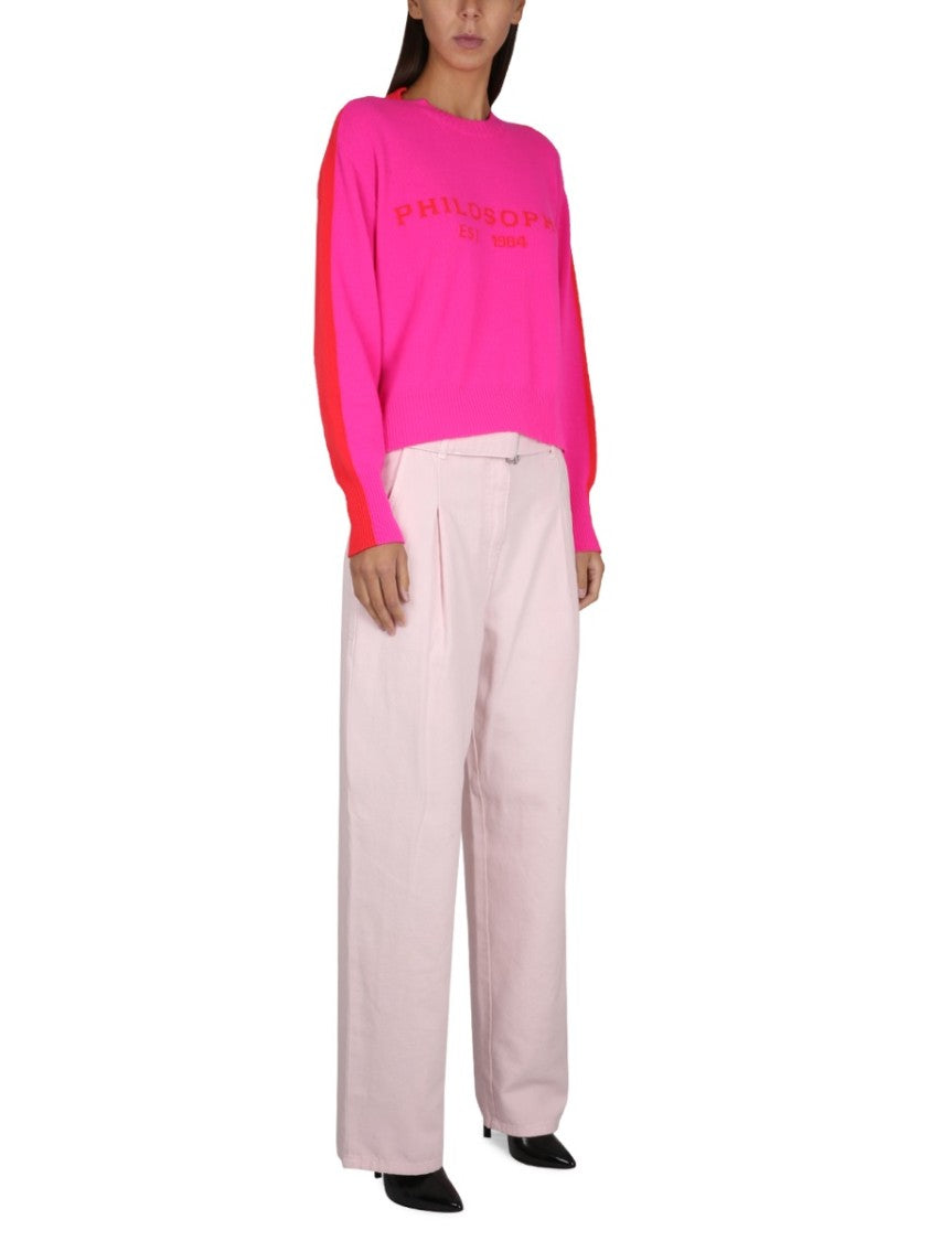 Relaxed High-Waisted Denim Pants With Pleats