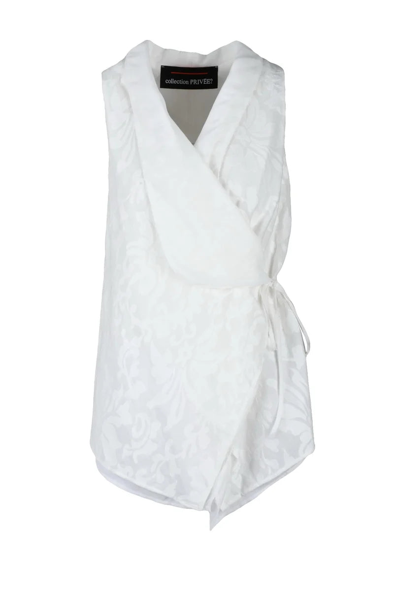 Floral Jacquard Detail Sleeveless White Vest