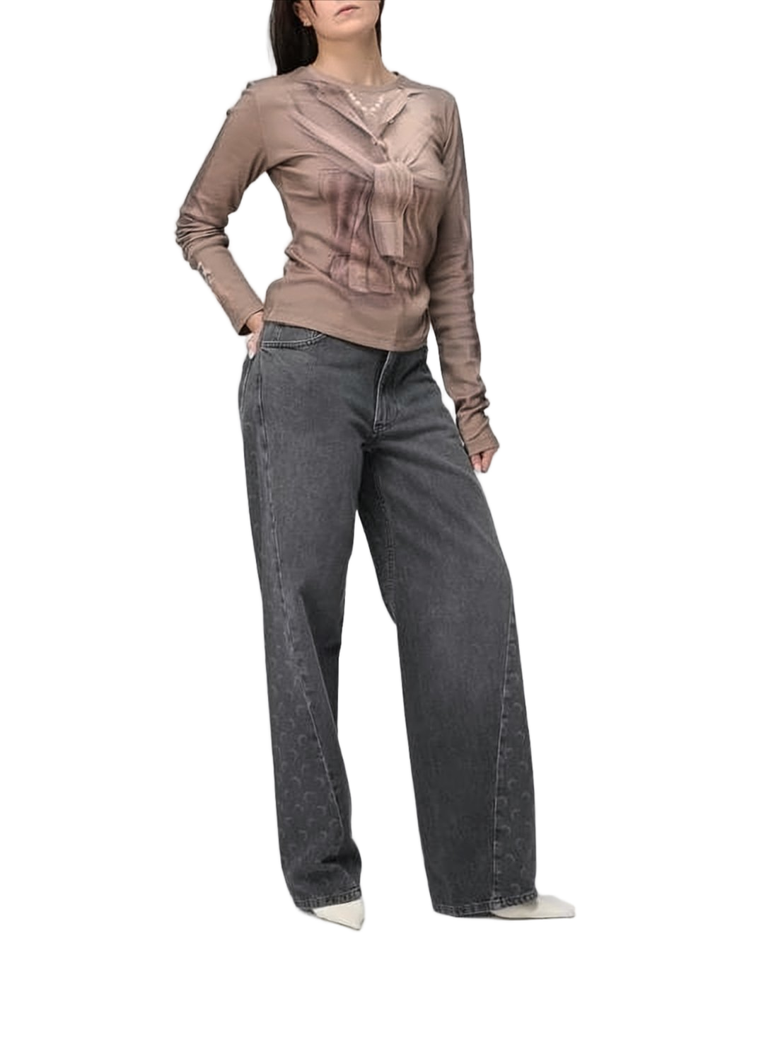 Fitted Long-Sleeved Top with Trompe-l'oeil Print