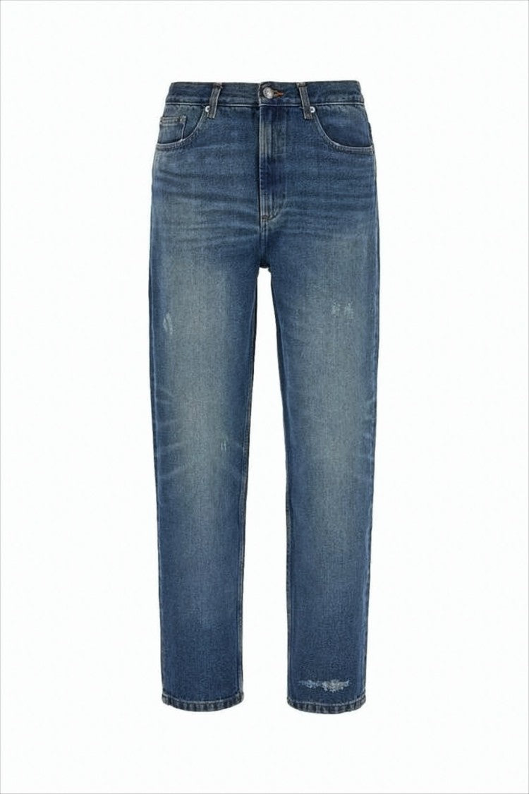 Mid-Blue Straight-Leg Denim Pants with Five-Pocket Design