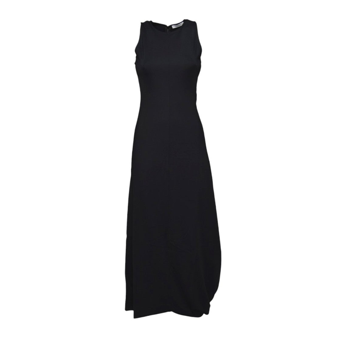 Fitted Black Midi Dress with Subtle Drape Hem