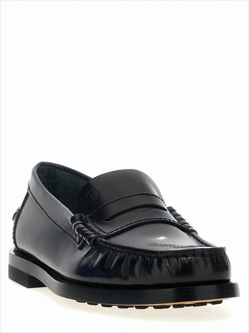 Calf Leather Penny Strap Loafers with Stacked Heel