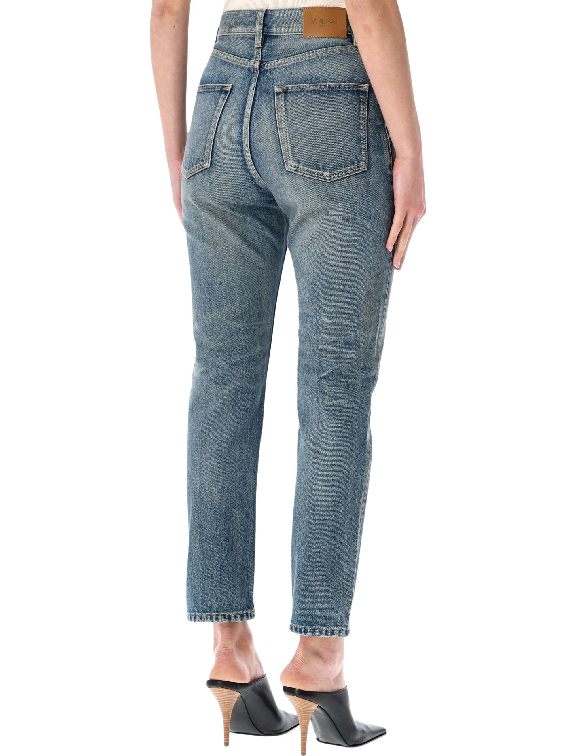 90s Blue Denim Cropped Slim-Fit Jeans