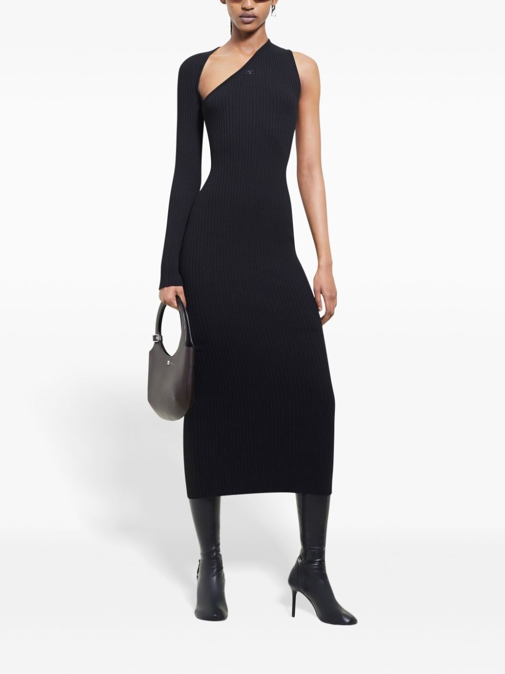 Asymmetric Black Ribbed Midi Dress