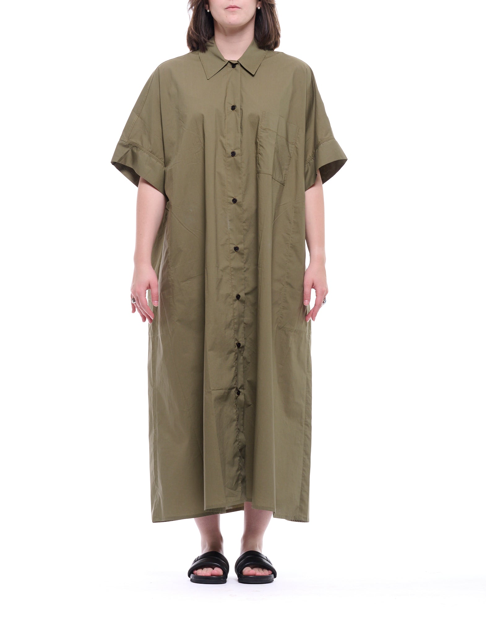 Loose Cotton Poplin Long Shirt Dress with Utility Design