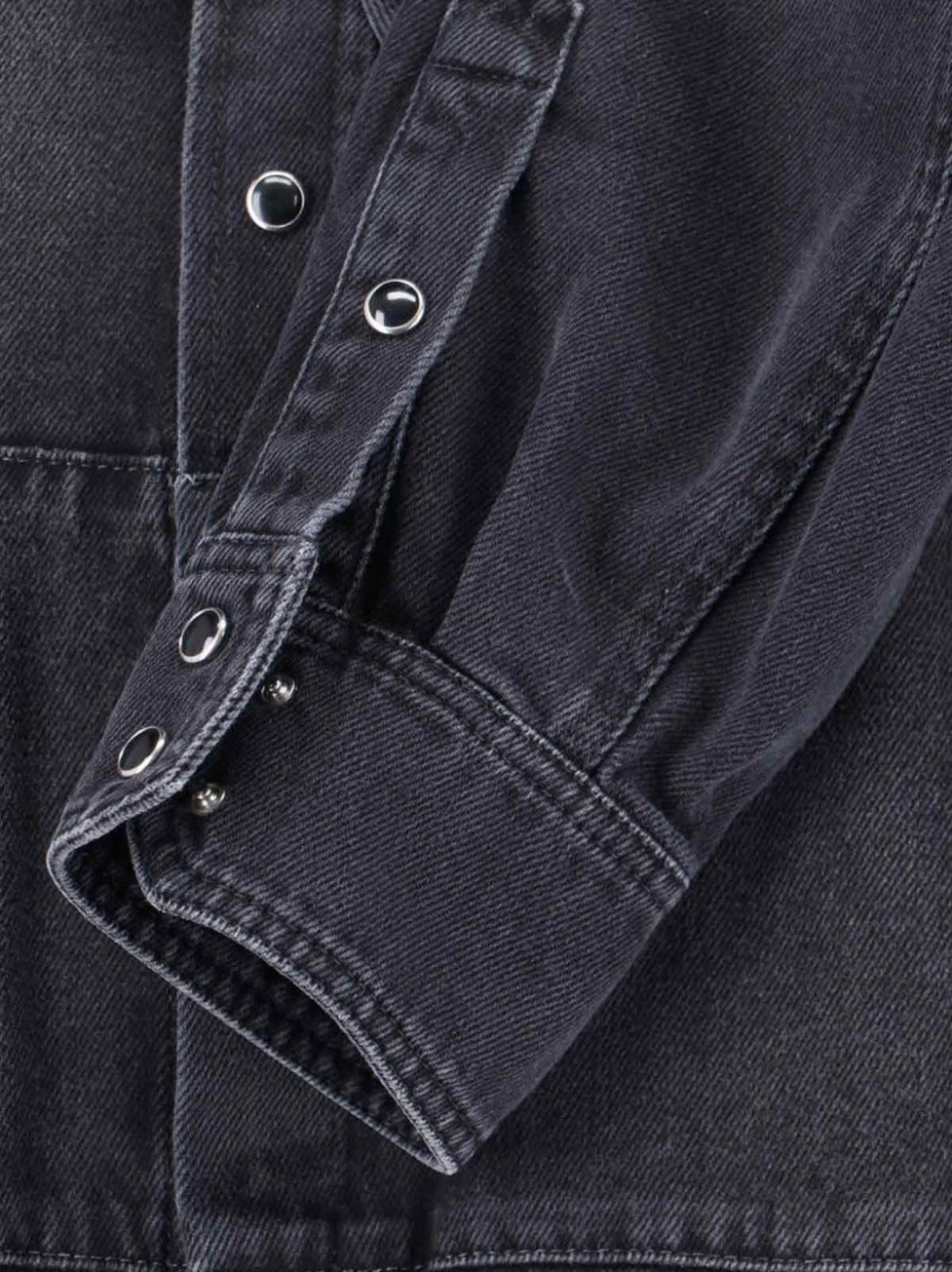 Black Denim Shirt With Visible Stitching And Curved Hem