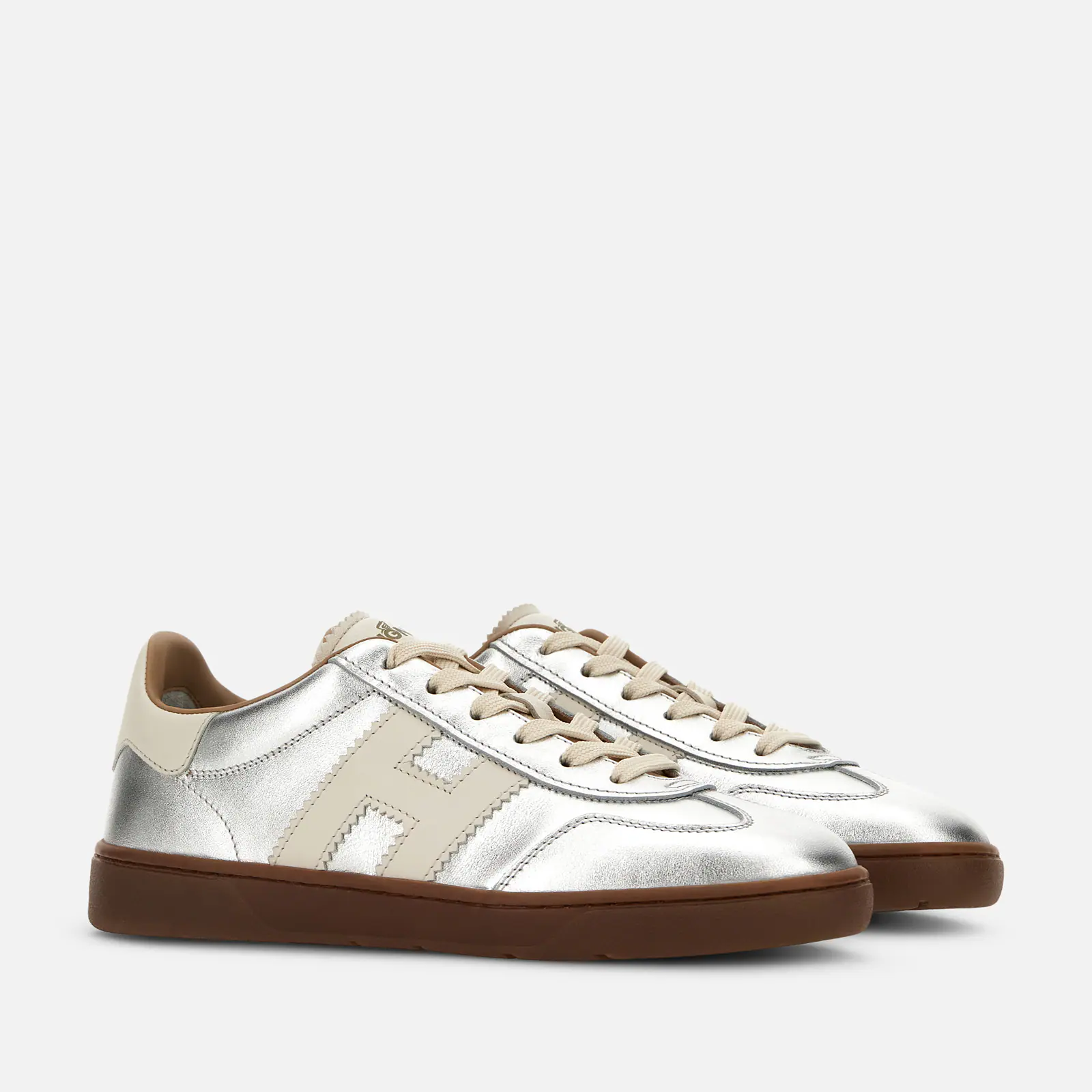 Contemporary Lace-Up Sneakers With Metallic Silver Finish