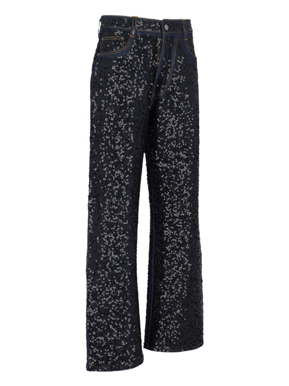 "Guff" Sequin Straight Jeans In Black Stretch Denim