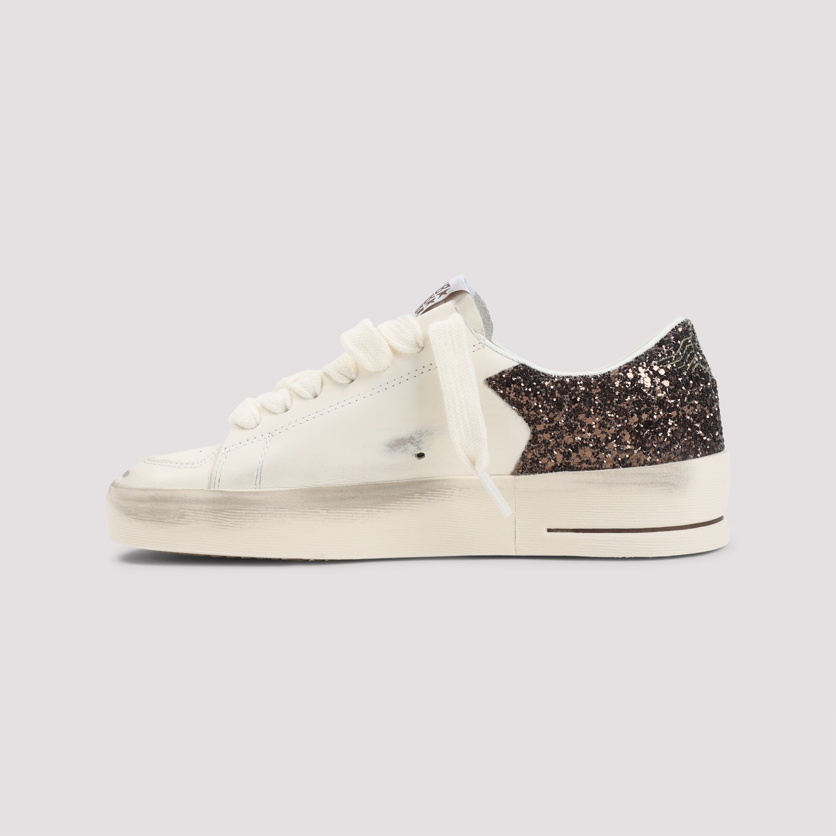 Distressed White Leather Sneakers with Glitter Accents