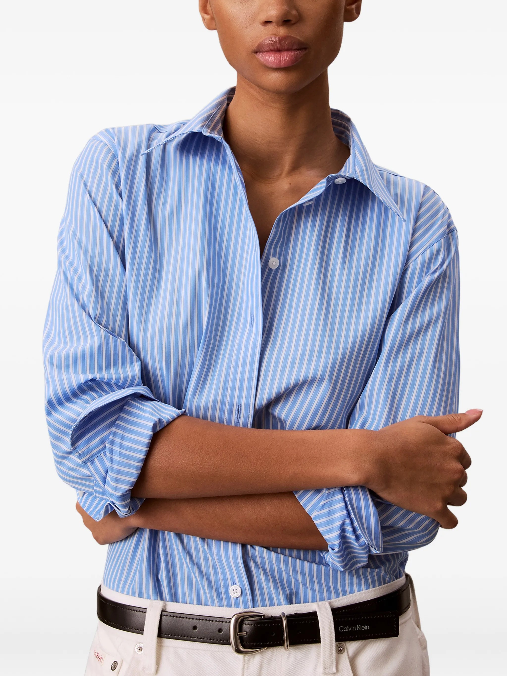 Light Blue Vertical Striped Poplin Shirt with Classic Collar