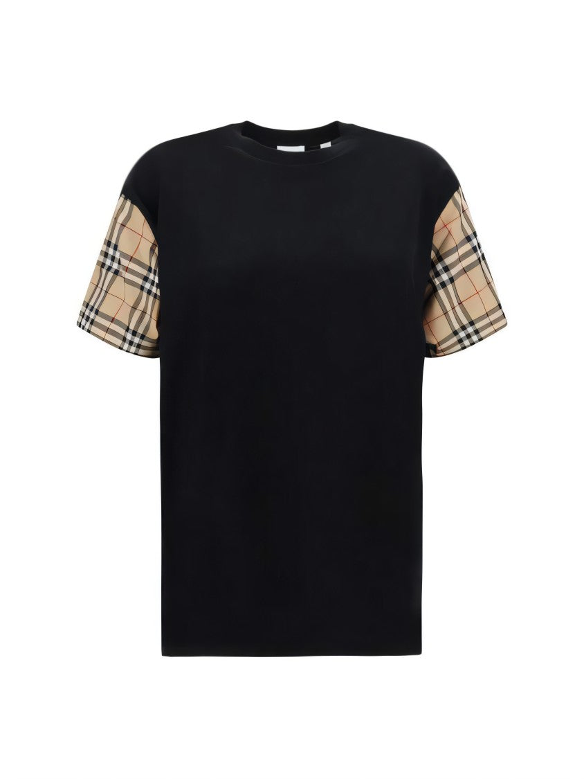 Short-Sleeved T-Shirt with Plaid Patterned Sleeves