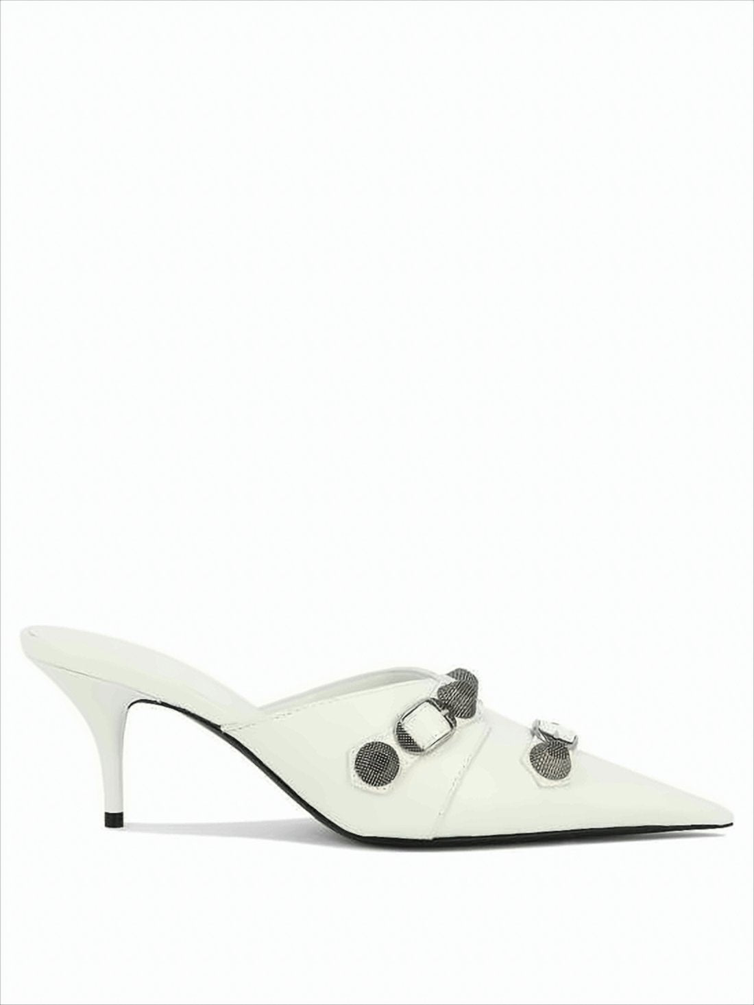 White Pointed Toe Mule with Decorative Buckle and Stud Accents