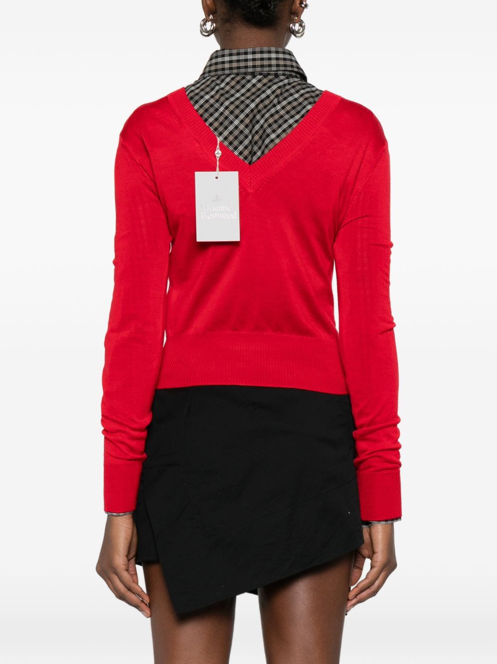 Fitted Red Sweater With Deep V-Neckline And Ribbed Cuffs