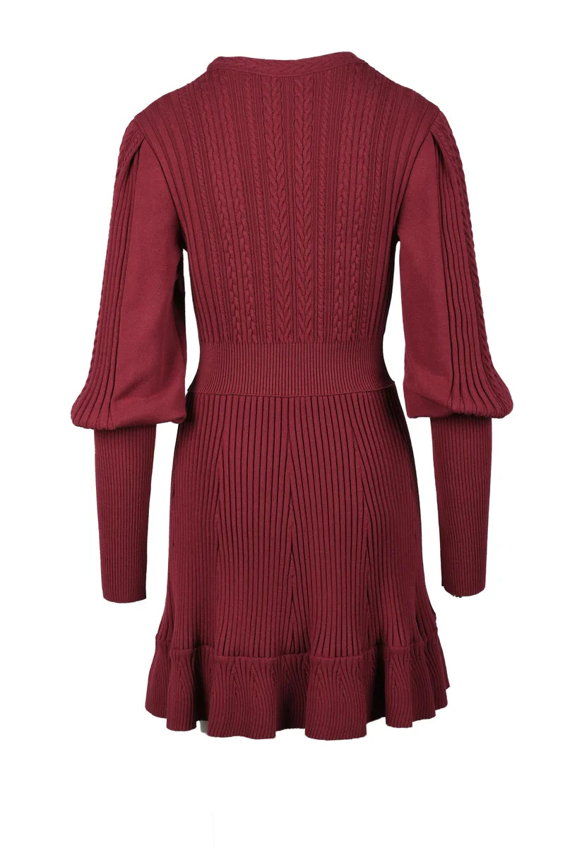 Knit Dress with Puff Sleeves - Red