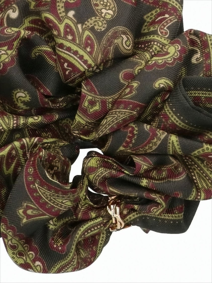 Intricate Paisley Silk Scrunchie with Metallic Charm