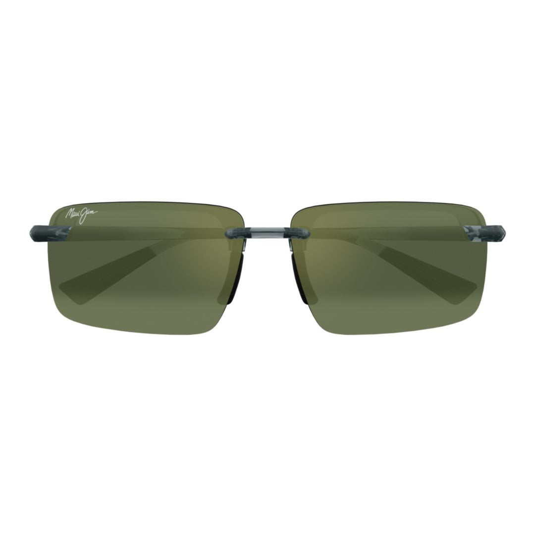 Laulima Rimless Rectangular Sunglasses with Green-Tinted Lenses