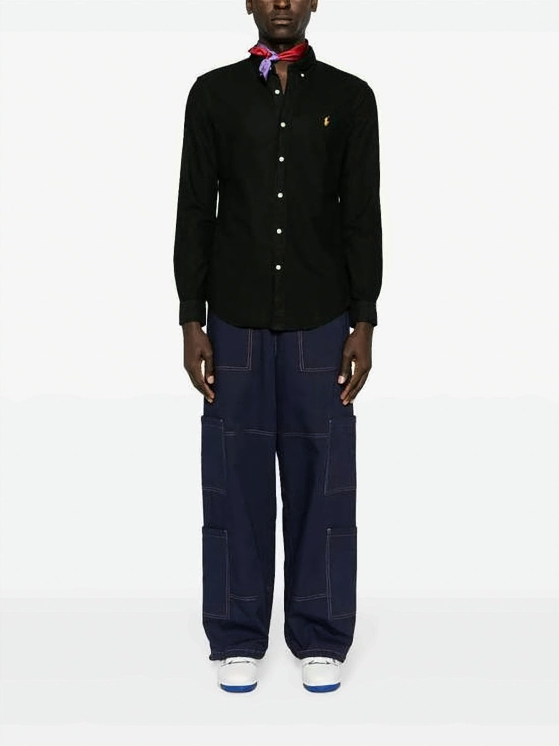 Mandarin Collar Long-Sleeve Shirt with Embroidered Logo