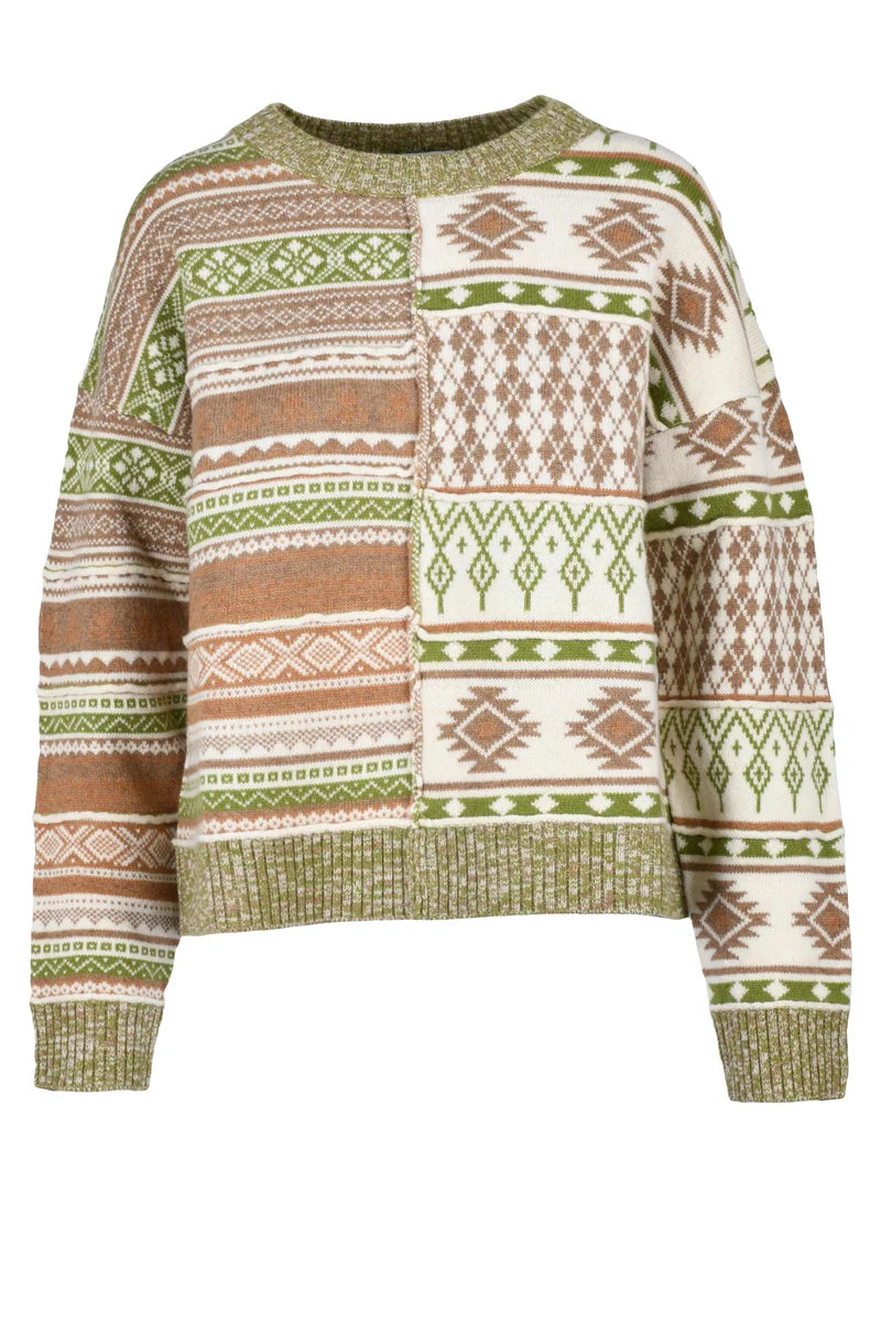 Crew Neck Sweater - Green/Beige